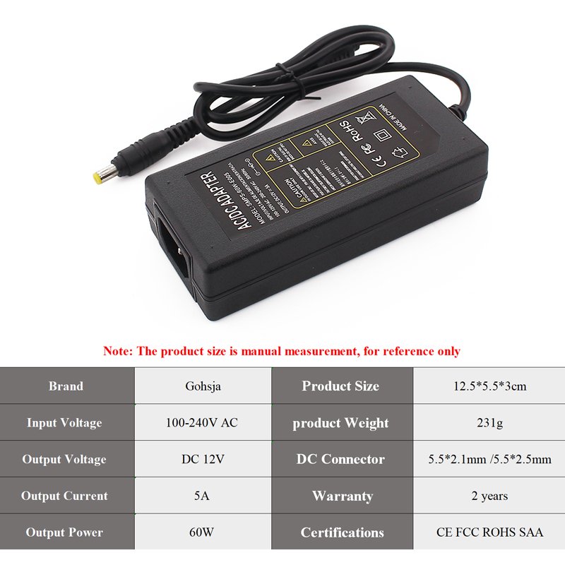 safety mark 60W input 100v- 240v ac 50/60hz ac dc power adapter 12V 5A AC/DC switching power supply(图1)